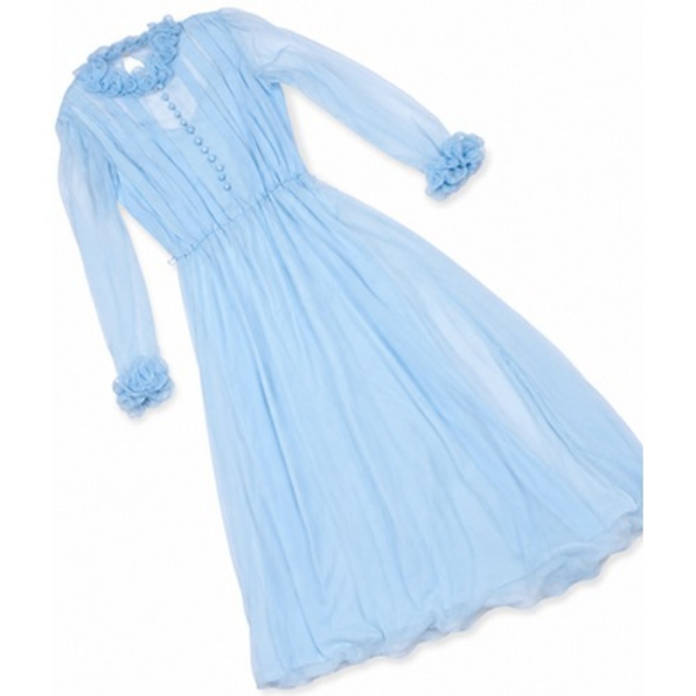 Vintage Miss Elliette Dress Womens 14 Blue Chiffon High Neck Maxi Gown Ruffle